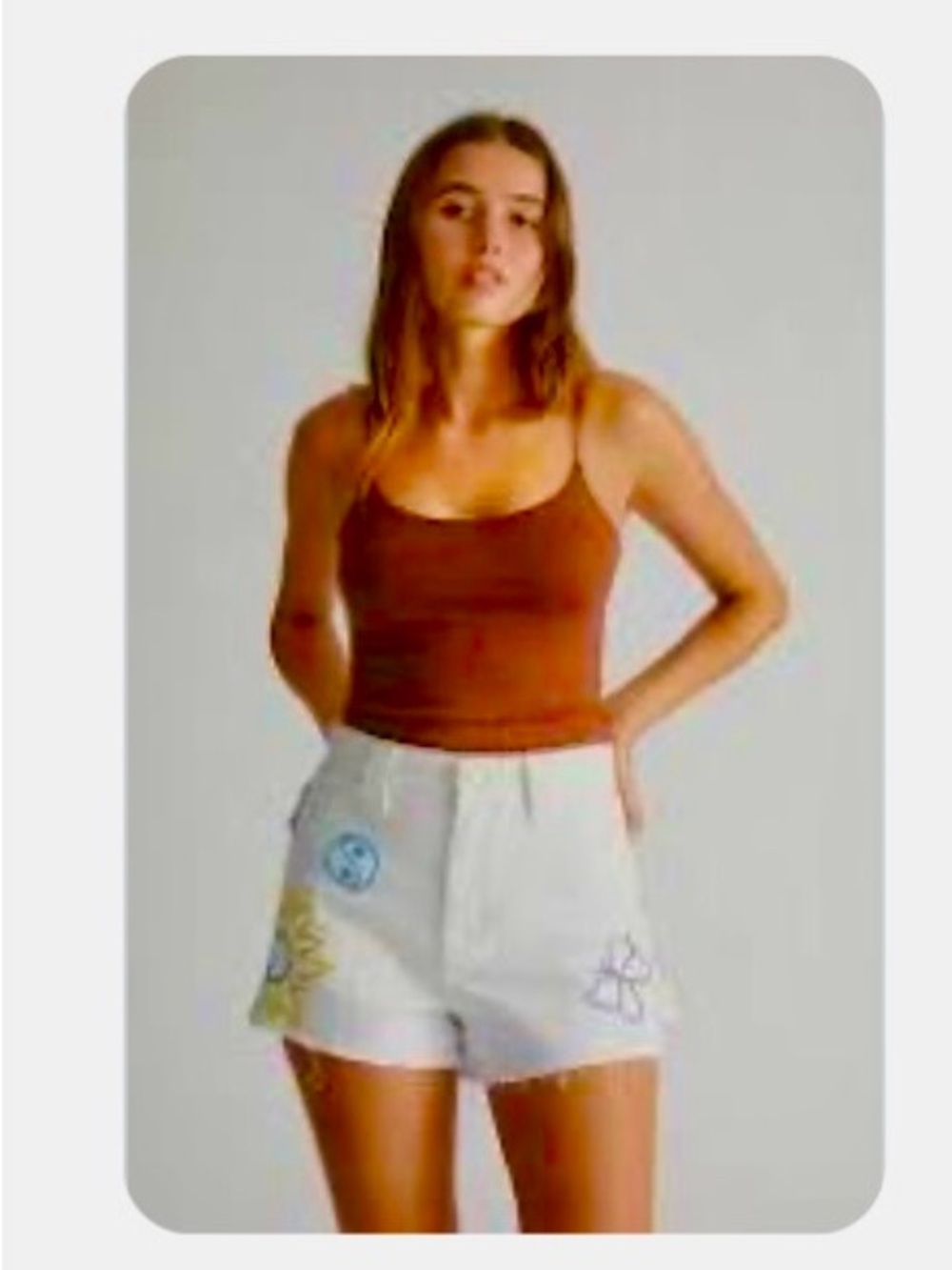 🌞 4/$20 PacSun White Denim High-Waist Shorts w/Yin-Yang Mushroom Embroidery 26